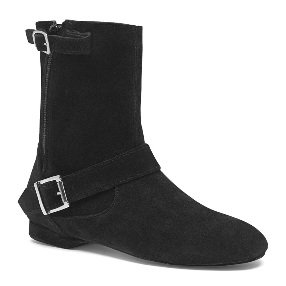 Rumpf 8855, Stiefelette aus schwarzem Wildleder mit seitlichem Reißverschluss und silberner Schnalle, ideal für West Coast Swing-Nächte.